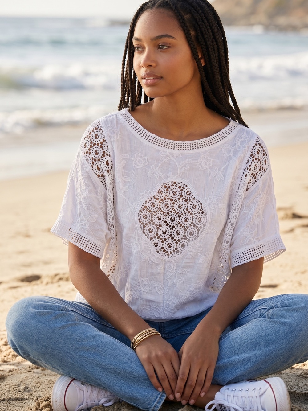 White Crochet-Panel Cotton Crop Top